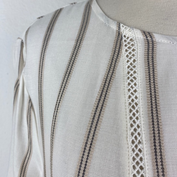 FEVER Womans Tunic Blouse Large Tan Ivory Striped Relaxed Peasant Boho Gypsy NWT - Picture 3 of 9